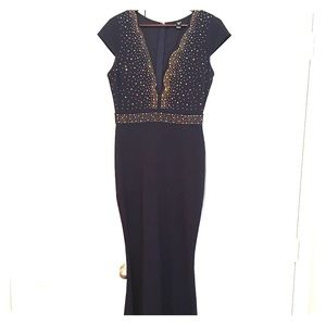 Navy Blue deep v-neck formal dress